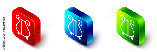 Isometric Ancient Greek lyre icon isolated on white background. Classical music instrument, orhestra string acoustic element. Red, blue and green square button. Vector.