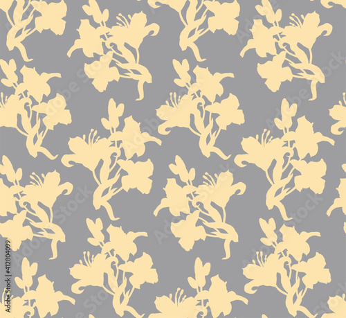 Calm repeated beige silhouettes of flowers  buds and leaves of lily flowers. Seamless pattern drawn by hand in freehand style with solid fill background. Home textile  wallpaper  fabric  package.