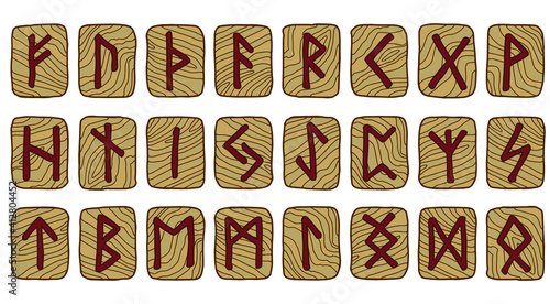 Wooden runes set. Futhark. Writing ancient Germans and Scandinavians. Mystical, esoteric, occult, magic symbols. Fortune telling, predicting the future. Isolated. Vector illustration