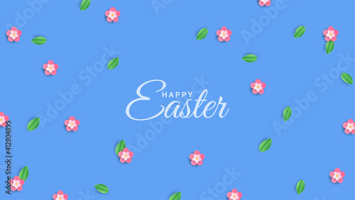 Happy Easter banner. Holiday concept design for greeting cards, banners, posters, flyers, web. Happy Easter calligraphy lettering text, floral blue background. Paper cut out art style, vector illustra