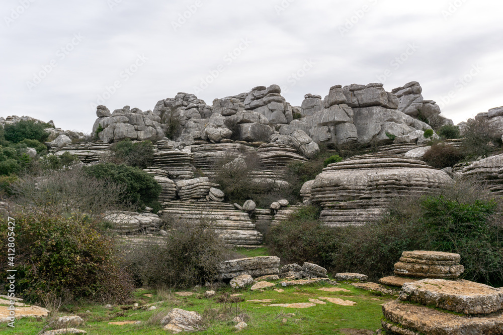 view of the El Torcal Nature Reserve in Andalusia with ist strange karst rock formations