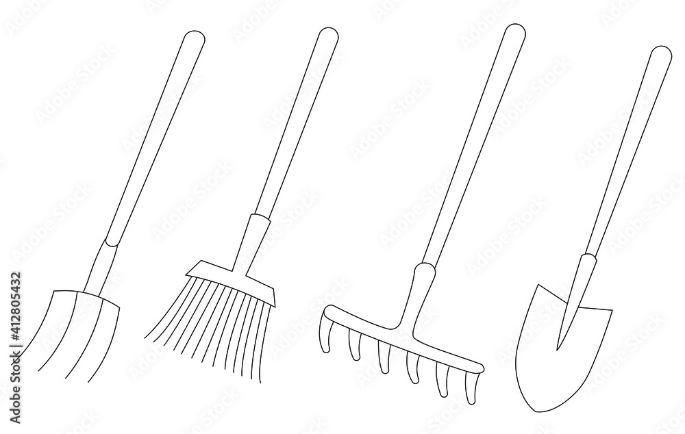 A set of tools for the garden and vegetable garden: shovel, rake,  pitchfork, broom. Simple outline vector graphics. Can be used for coloring  pages, feature articles, and infographics Stock Vector | Adobe