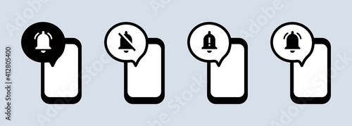Phone icon set in black. Silent mode. Notifications turned off. Calling phone sign. No smartphone sign. Vector on isolated white background. EPS 10