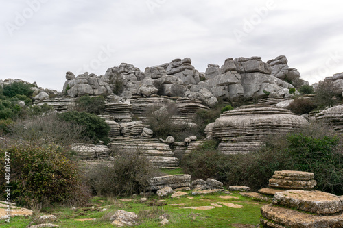view of the El Torcal Nature Reserve in Andalusia with ist strange karst rock formations