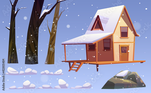 Winter landscape elements, wood house, bare trees, stone and snowdrifts isolated on blue background. Vector cartoon set of forester shack with snow on roof, winter forest