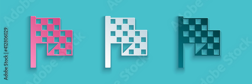 Paper cut Checkered flag icon isolated on blue background. Racing flag. Paper art style. Vector.
