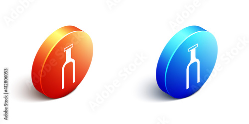 Isometric Bicycle suspension fork icon isolated on white background. Sport transportation spare part steering wheel. Orange and blue circle button. Vector.