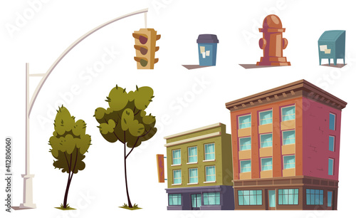 Cityscape elements with residential buildings, traffic light, fire hydrant, trash can and mailbox. Vector cartoon set of city street, houses, green trees and garbage bin isolated on white background
