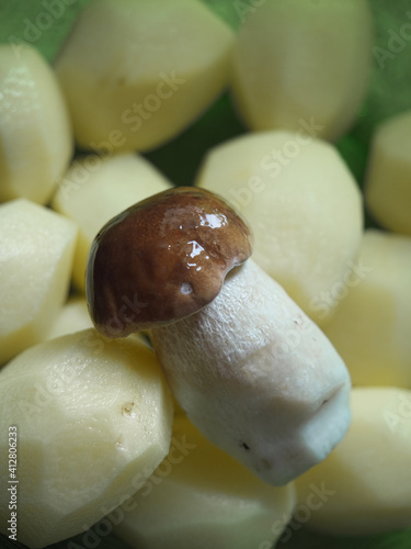 Boletus mushroom on the background of fresh potatoes ready for cooking.