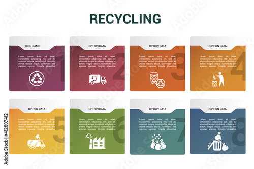 Infographic Recycling template. Icons in different colors. Include Recycling, Trash Container, Burnable Trash, Oversized Garbage and others.