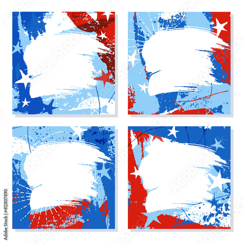 Set of red, white and blue patriotic design templates with space for text or photo. Square format for social media, cards, posters, marketing. For 4th of July, Memorial Day and Labor Day designs.
