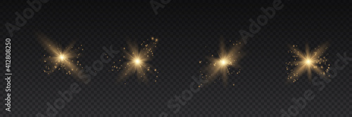 Set of bright Star. Yellow glowing light explodes on a transparent background. Transparent shining sun, bright flash
