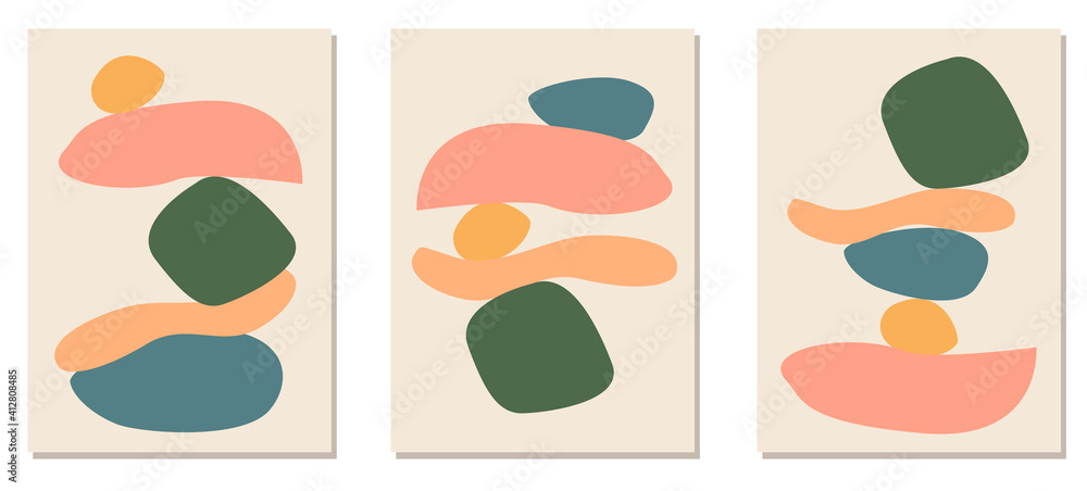Set of 3 Abstract creative minimalist contemporary aesthetic background with geometric balance organic shapes. A trendy set of mid century modern minimalist print. Vector Illustrations for home decor.