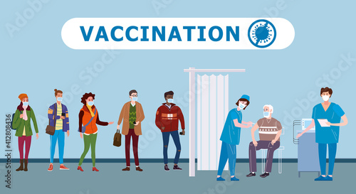 Vaccination people for immunity health. Doctor and nurse makes injection of of flu vaccine in hospital. Patients womans and mans waiting in hall