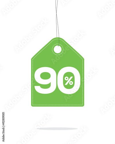 Vector green hanging price tag label designed with 90% text and stitches on it and with shadow isolated on white background. For spring summer sale campaign.