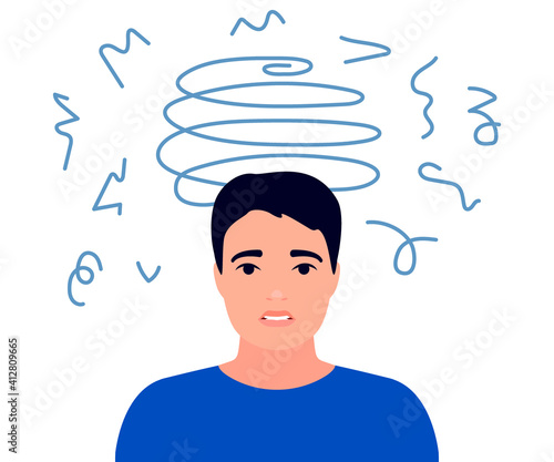Dizziness, sad and anxious thoughts of man. Young male is surrounded by stream of thoughts, chaos in head. Anxiety, depression, stress. Mental disorder and chaos in mind. Vector flat illustration