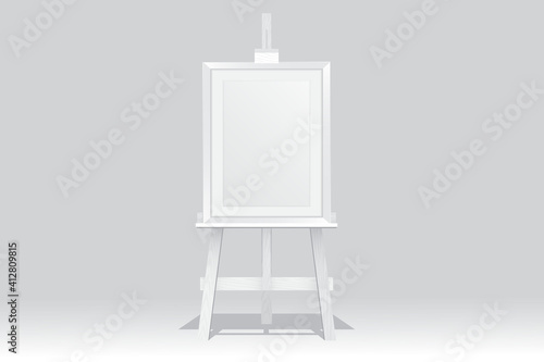Wooden easel stand with picture frame on white background
