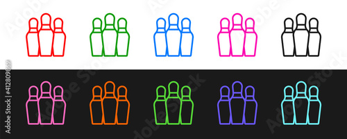 Set line Bowling pin icon isolated on black and white background. Vector.