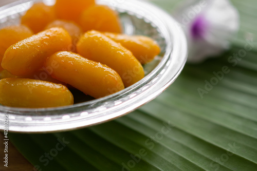 Thong Yod Dessert on banana leaf. traditional Thai desserts. snack and sweet food. food for health concept.