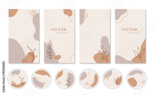 Abstract boho backgrounds and highlights icons for instagram stories. Set of vector vertical minimal cover templates for social media design