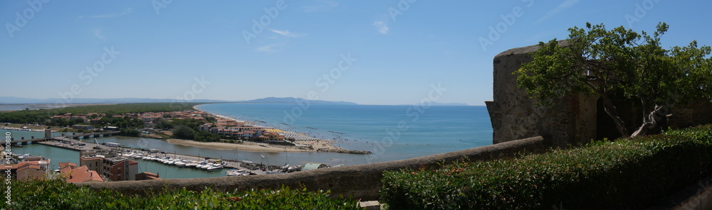 Panorama on the coast lapped by the Tyrrhenian Sea and of the wetland of the Maremma from the balcony of Solti Square in Castiglione della Pescaia.
