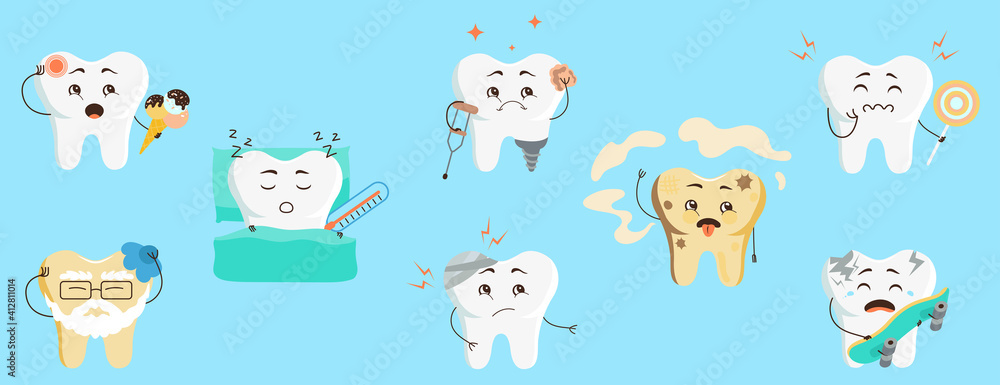 Cute tooth characters in flat style. Set of cartoon sick teeth with caries, pain from sweets, hypersensitivity. Vector illustration for children in dentistry.