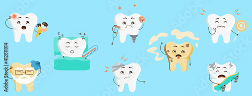 Cute tooth characters in flat style. Set of cartoon sick teeth with caries  pain from sweets  hypersensitivity. Vector illustration for children in dentistry.