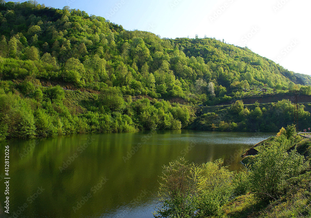 A photo of a nature. There is a forest near lake which has a reflection of the trees on it under the blue sky.