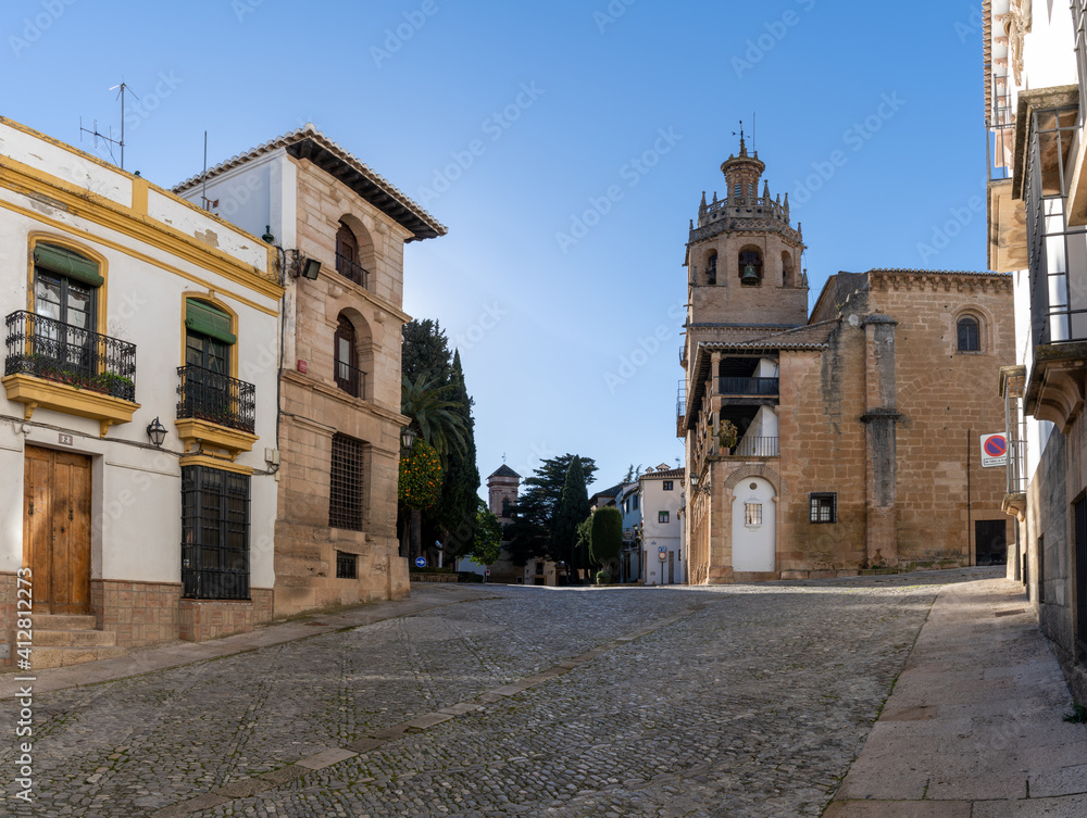 the Plaza Duquesa de Parcent Square and the Santa Maria la Mayor Church in the historic city center of Ronda