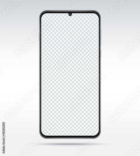 Frameless smartphone isolated on white background. Mobile phone with blank transparent screen. Vector illustration