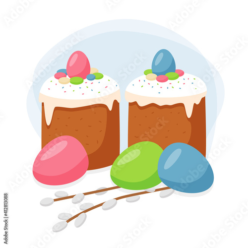 Vector scene with two Easter cakes, colored eggs and pussy willow branches. 