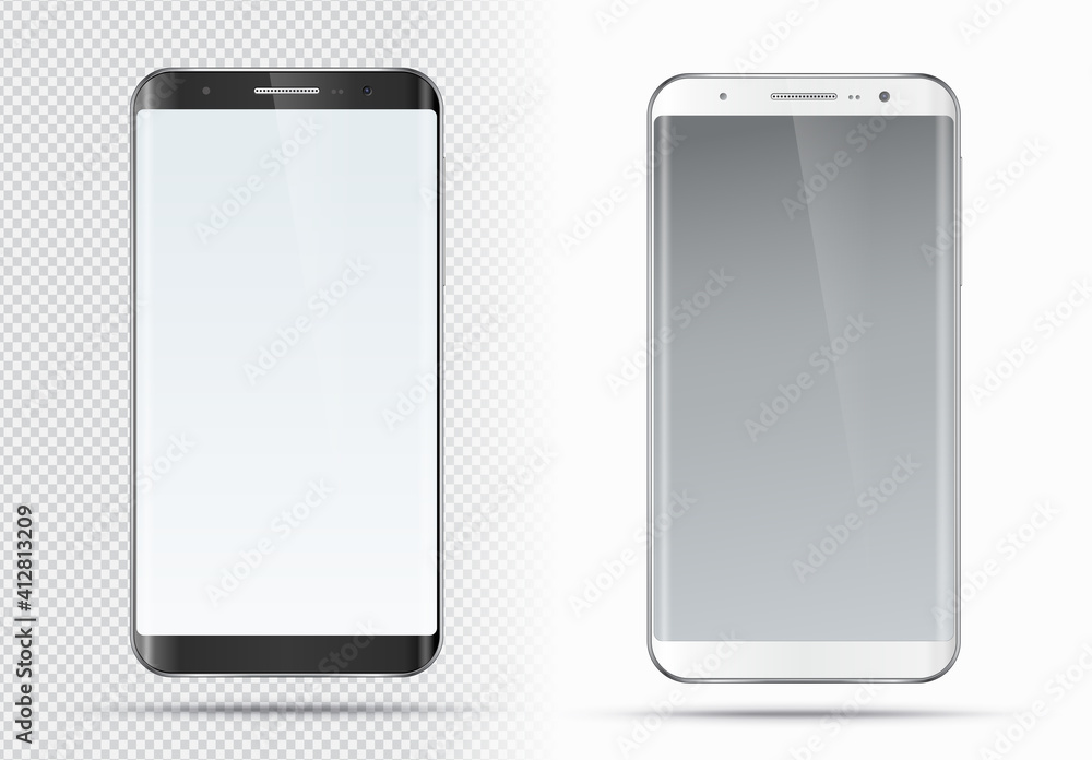 Vector smartphone. Realistic white and black cellphone, smart phone mockup with blank screen Vector smartphone. Realistic white and black cellphone, smart phone mockup with blank screen