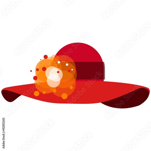 Red floppy hat with tulle bow flat vector isolated on white