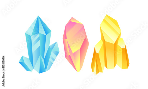 Colorful Crystal or Crystalline Solid Forming Geometrical Shape Vector Set
