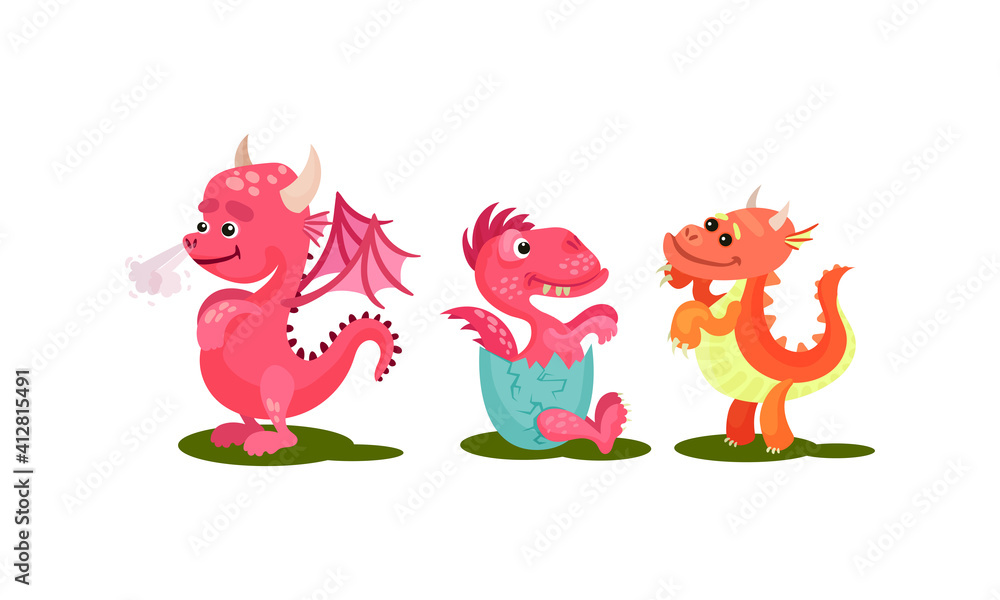 Little Baby Dragons as Fairy Winged Creatures Capable of Breathing Fire Vector Set Little Baby Dragons as Fairy Winged Creatures Capable of Breathing Fire Vector Set