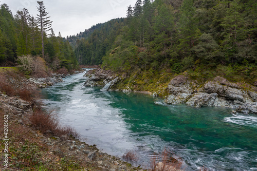 Clean and transparent water of Smith River  which flows from the Klamath Mountains to the Pacific Ocean