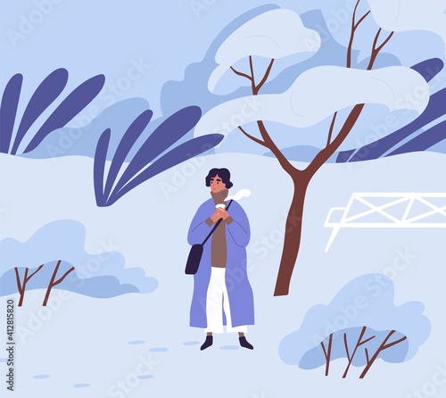 Woman drinking hot coffee in winter park among trees covered with snow. Female character holding takeaway cup of tea. Colored flat vector illustration of nature in cold and freezing weather