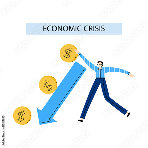 Economic crisis concept, fall in the exchange rate, loss of money, a crash on the stock exchange. Businessmen and brokers in a panic. Vector illustration in flat style