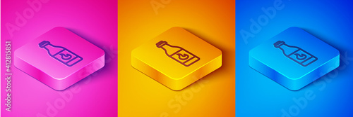Isometric line Tabasco sauce icon isolated on pink and orange, blue background. Chili cayenne spicy pepper sauce. Square button. Vector.
