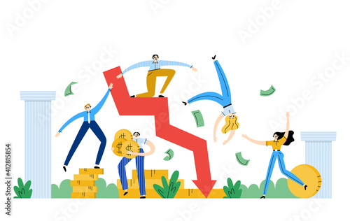 Economic crisis concept, fall in the exchange rate, loss of money, a crash on the stock exchange. Businessmen and brokers in a panic. Vector illustration in flat style