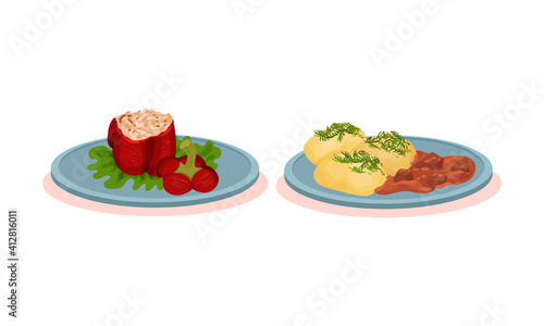 Bell Pepper Stuffed with Rice and Boiled Potatoes with Meat Gravy Vector Set