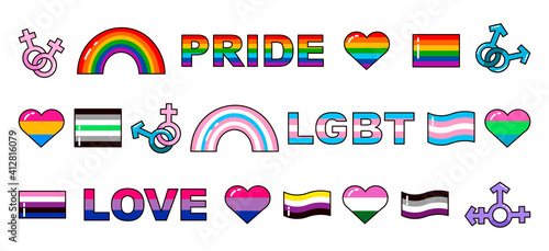 LGBT pride symbols. Icons with flags of sexual orientation. Concept of tolerance in the world. Gay parade, free love in vector style