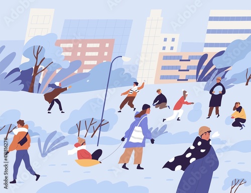 Winter city park or street with happy people playing snowballs, making snowman from snow and walking. Adults and children outdoors in cold and freezing weather. Colored flat vector illustration