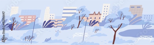 Panoramic view of empty public city park with bench, snowman and trees covere...