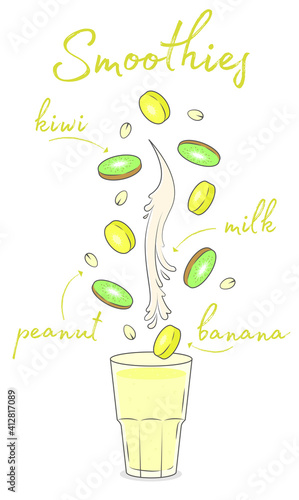 menu, smoothie fruit bright, banana, kiwi, berries fresh ingredient set