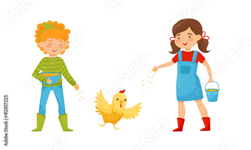 Smiling Girls Feeding Farm Bird Hen Throwing Grains on the Ground Vector Illustration