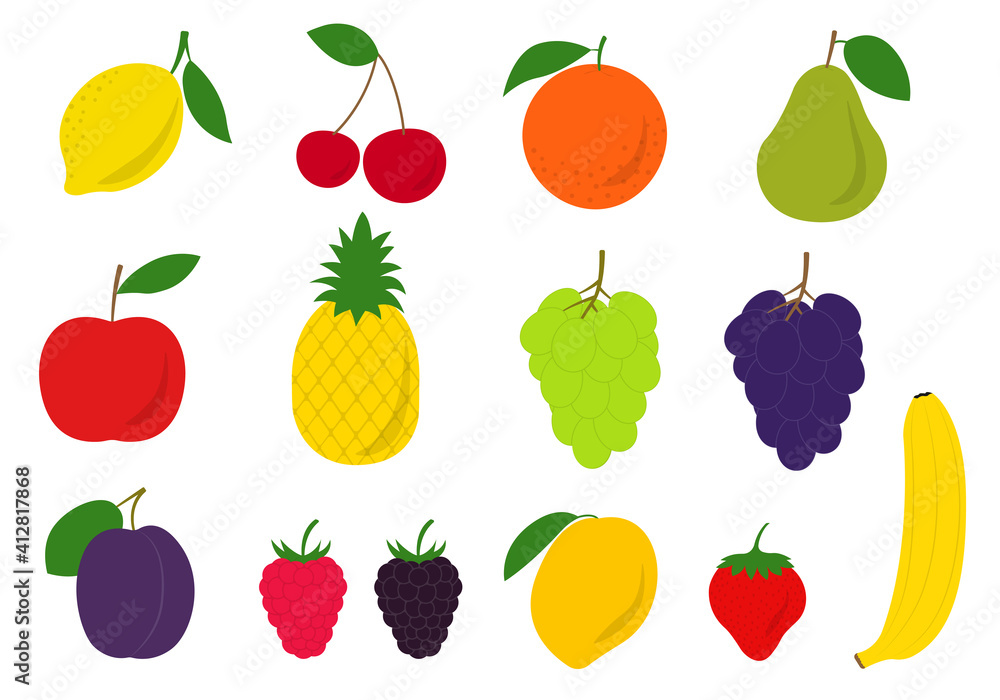 Fruit and berry icon set. Fresh orange, apple, banana, lemon, pear, cherry, mango, pineapple, plum, strawberry, raspberry and blackberry. Vector illustration. Fruit and berry icon set. Fresh orange, apple, banana, lemon, pear, cherry, mango, pineapple, plum, strawberry, raspberry and blackberry. Vector illustration.