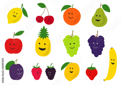 Cute fruit and berry set. Cartoon fruits characters with funny and smile faces for kids design. Vector illustration.