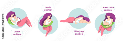 Set of different breastfeeding poses, including cradle, cross-cradle, side-lying and clutch.