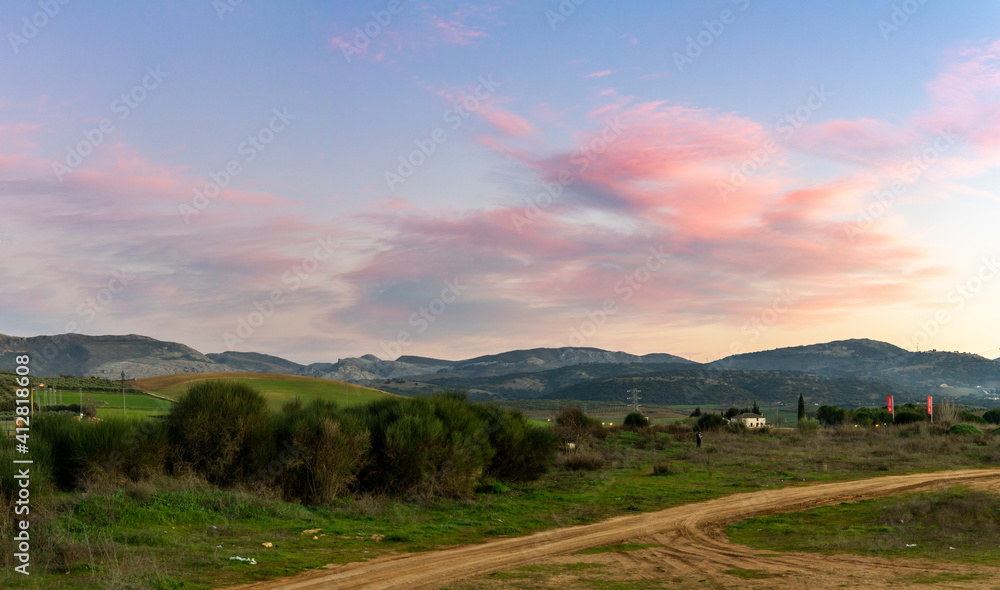 Fototapeta premium panorama landscape view of the Sierra de las Nieves in Andalusia at sunset